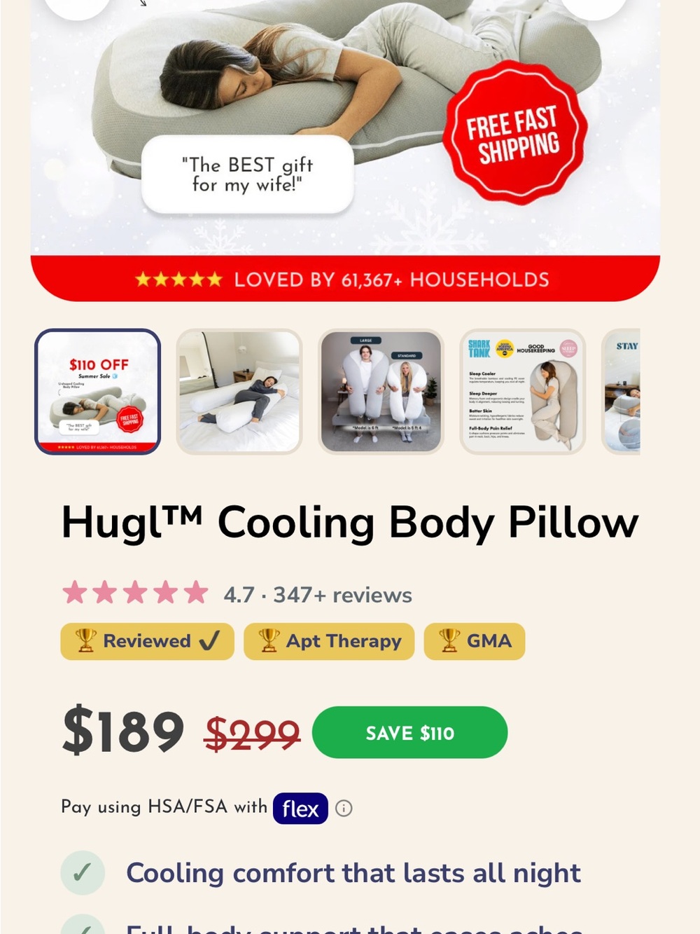 U-Shaped Cooling Body Pillow in Light Gray - Picture 11 of 11